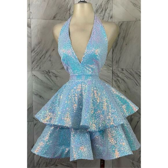 Ice Blue iridescent sequin halter dress - Picture 4 of 16